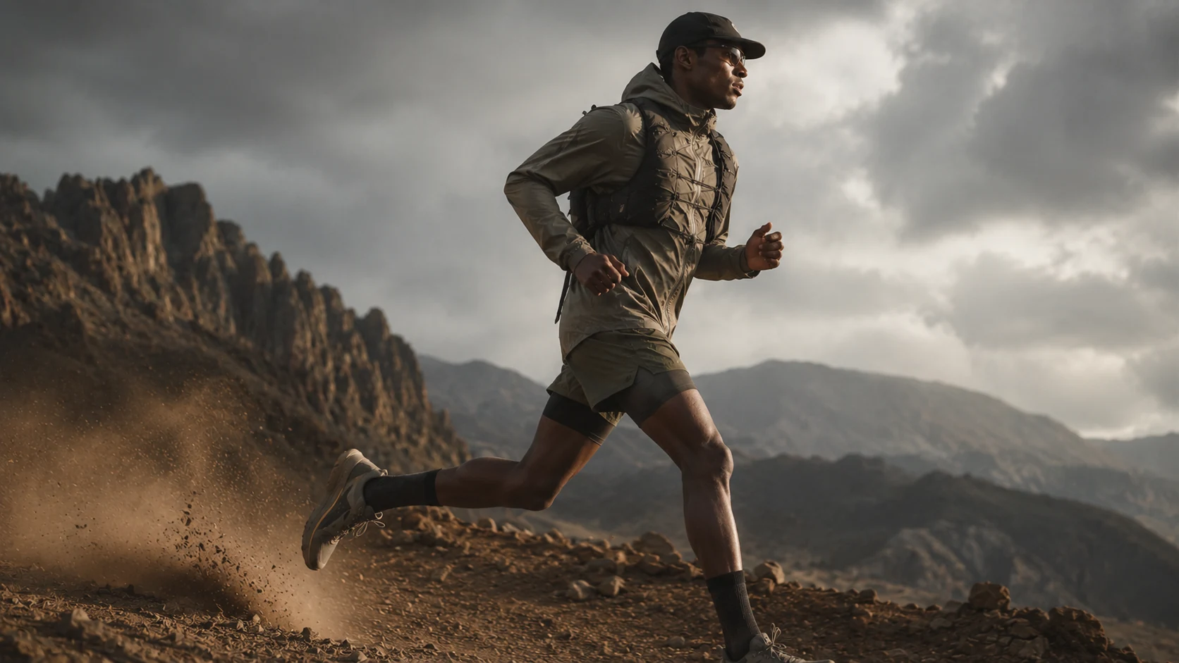 Runner in technical apparel crossing a mountain trail