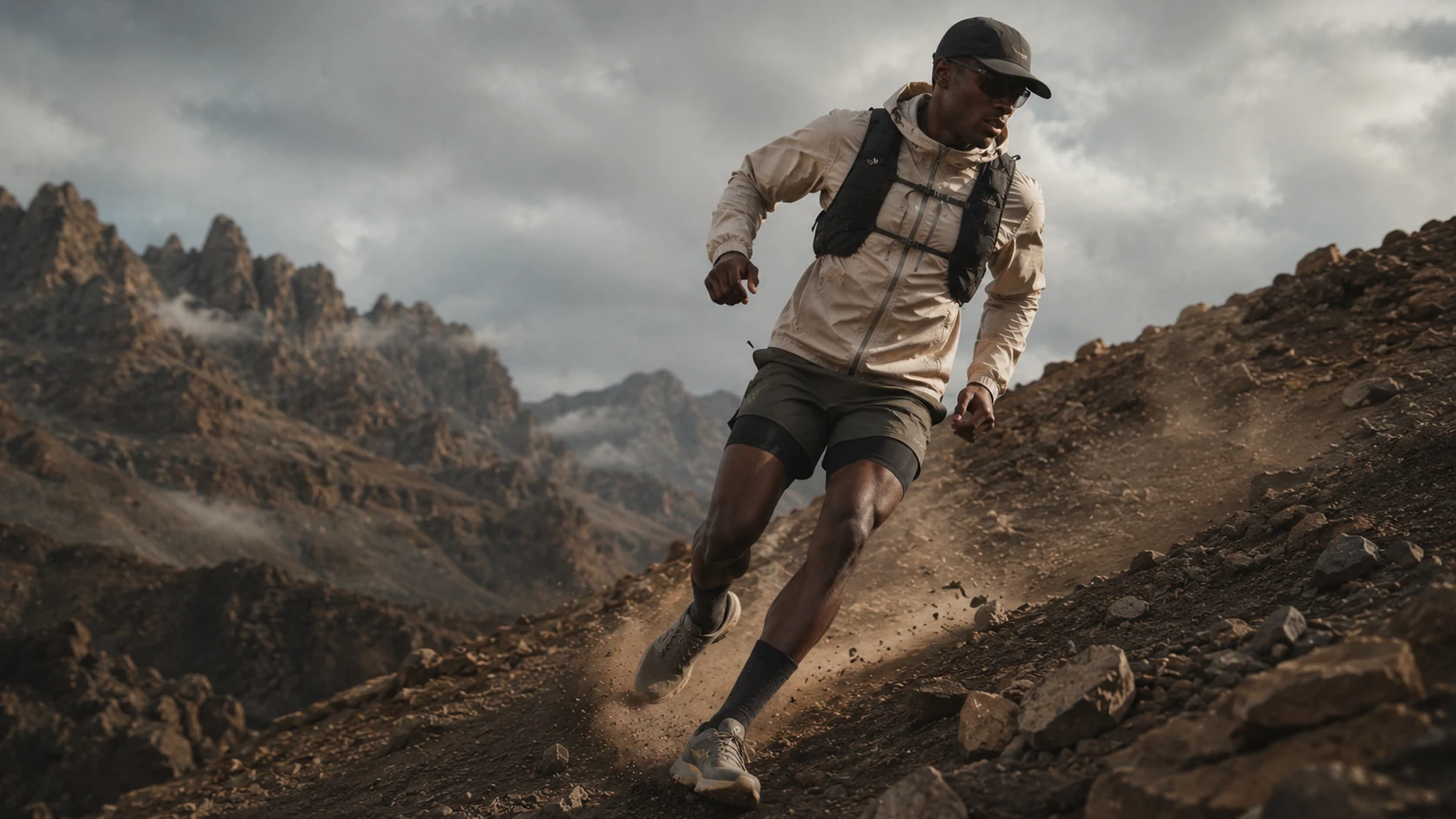 Runner descending a steep mountain path in a technical shell