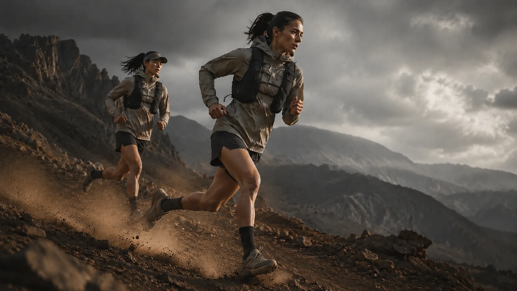 Two women running together through a mountain landscape