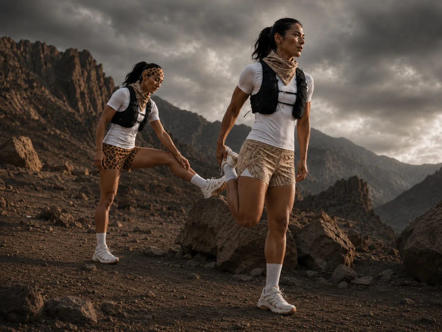 Two runners warming up on a rocky mountain trail in the Cheetah and Pronghorn 2-in-1 shorts